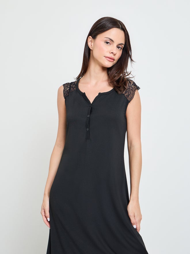 Styli Black Shoulder Lace Trim Placket Detail Nightdress - Image 2