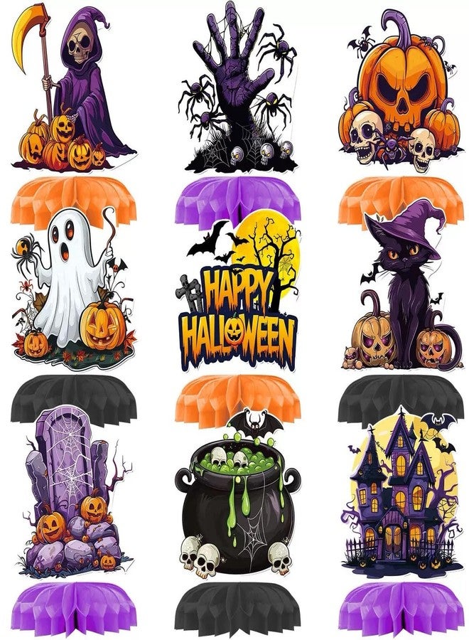 OIUYAMN 9 Pcs Halloween Honeycomb Centerpieces, Happy Halloween Party Decorations, Spooky Honeycomb Table Toppers for Halloween Party Supplies - Image 1