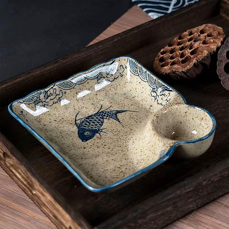 FYUEROPA Ceramic Dumpling Plate with Dipping Saucer Sushi Dish Serving Plate Chips and Snack Plate 75 Inch  Set of 2 Fish - Image 4