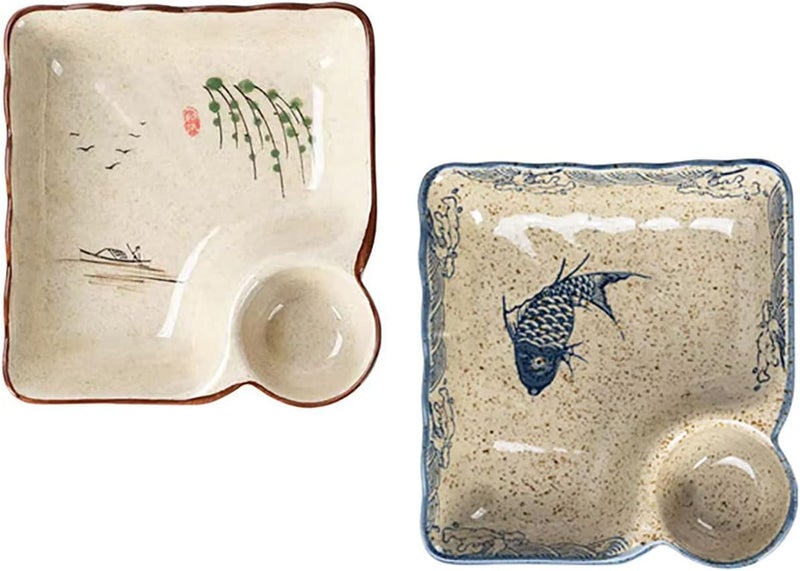 FYUEROPA Ceramic Dumpling Plate with Dipping Saucer Sushi Dish Serving Plate Chips and Snack Plate 75 Inch  Set of 2 Fish - Image 1
