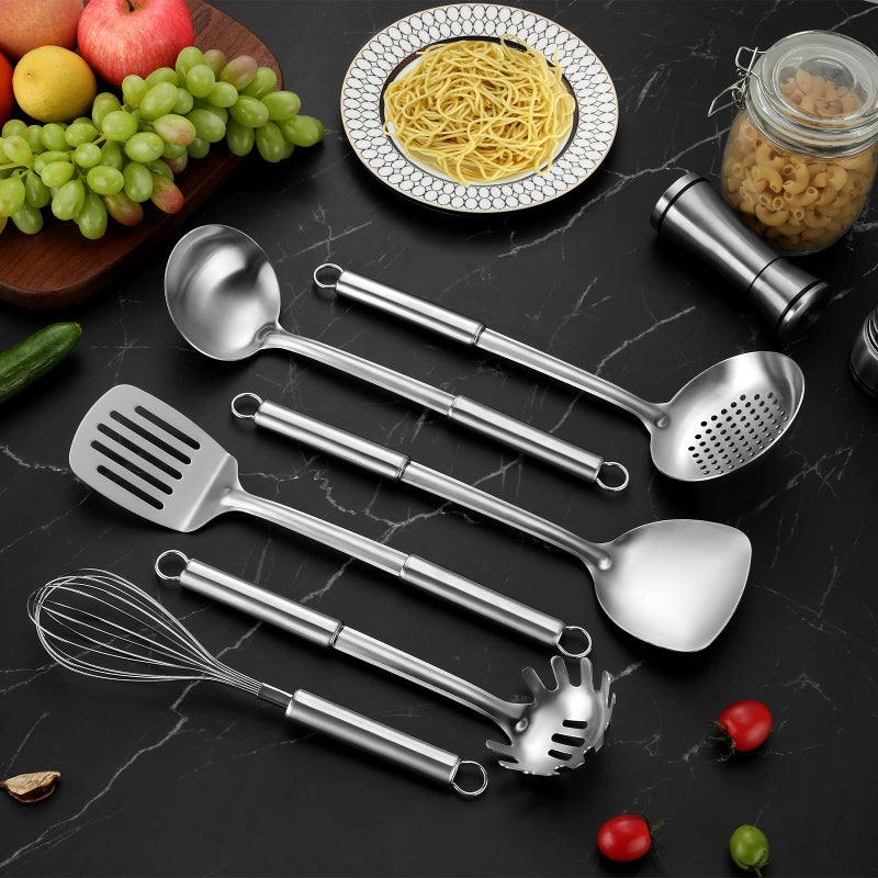 Gymdin 6-Piece Kitchen Cooking Utensils Set, Stainless Steel Kitchen Utensils with Suspendable Handle, Spatula, Slotted Turner, Soup Ladle, Slotted Spoon, Whisk, Pasta Server, Dishwasher Safe - Image 4