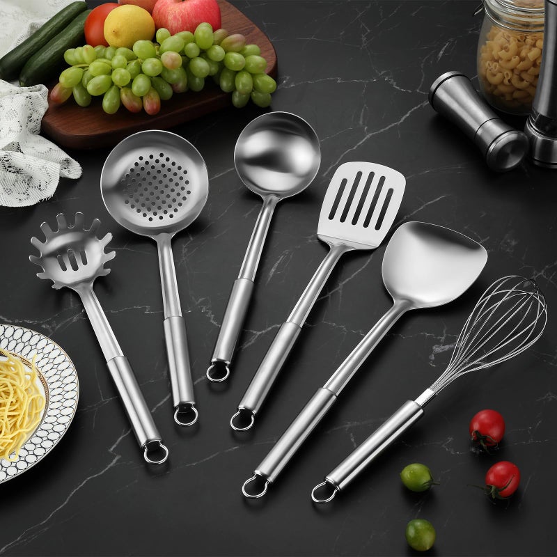 Gymdin 6-Piece Kitchen Cooking Utensils Set, Stainless Steel Kitchen Utensils with Suspendable Handle, Spatula, Slotted Turner, Soup Ladle, Slotted Spoon, Whisk, Pasta Server, Dishwasher Safe - Image 5
