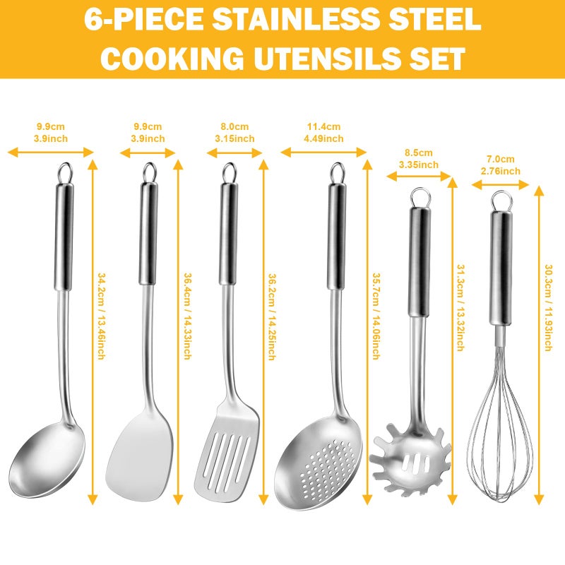Gymdin 6-Piece Kitchen Cooking Utensils Set, Stainless Steel Kitchen Utensils with Suspendable Handle, Spatula, Slotted Turner, Soup Ladle, Slotted Spoon, Whisk, Pasta Server, Dishwasher Safe - Image 2