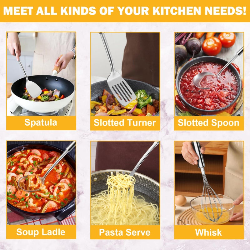 Gymdin 6-Piece Kitchen Cooking Utensils Set, Stainless Steel Kitchen Utensils with Suspendable Handle, Spatula, Slotted Turner, Soup Ladle, Slotted Spoon, Whisk, Pasta Server, Dishwasher Safe - Image 3