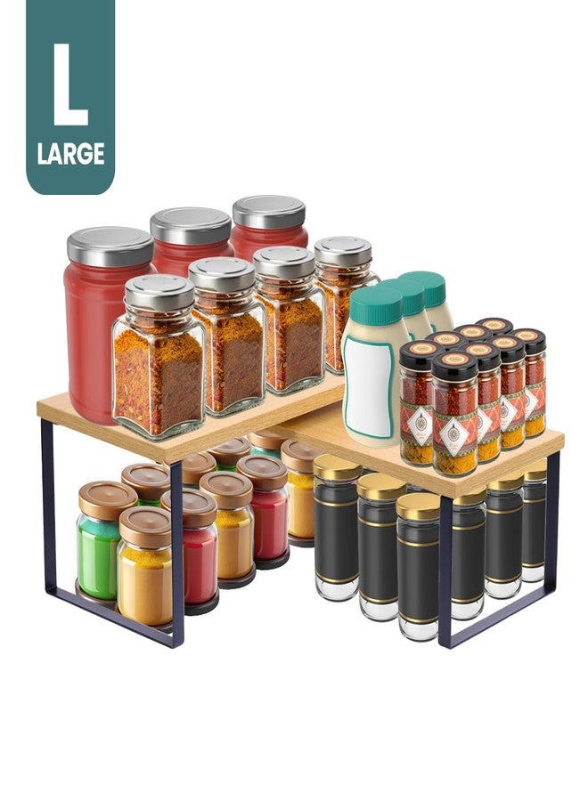 Sben Cabinet Organizer Shelf, Set of 2 Kitchen Counter Shelves, Kitchen Storage, Spice Rack, Stackable, Expandable, Metal and Engineered Wood, Ink Black and Natural Beige - Image 2