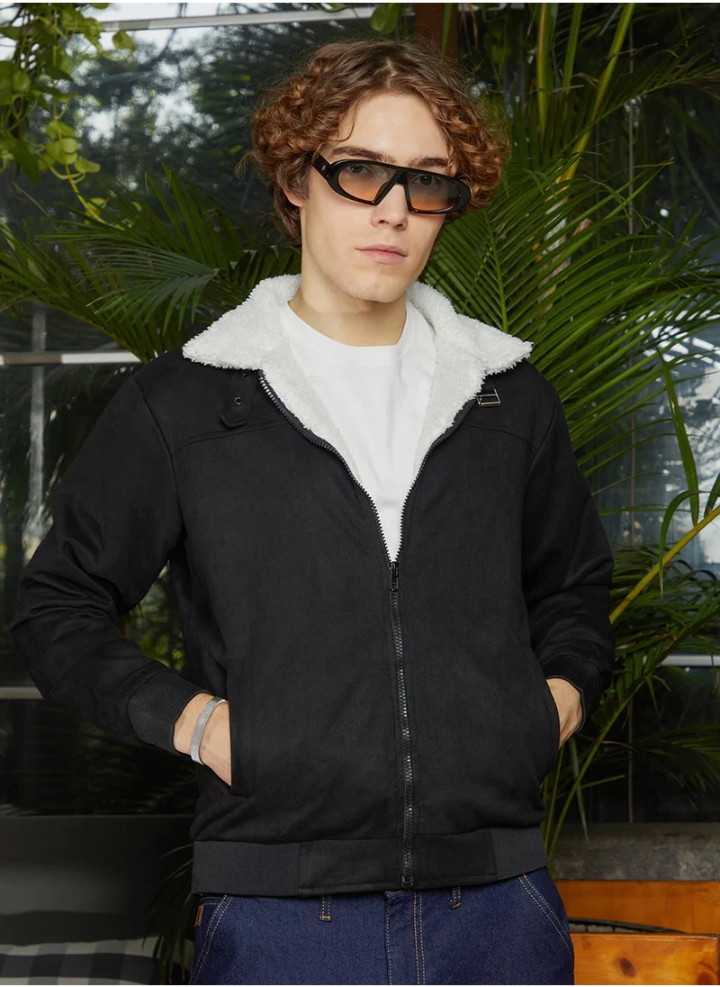 Campus Sutra Men's Raven Black & Chalk White Fleece-Lined Bomber Jacket