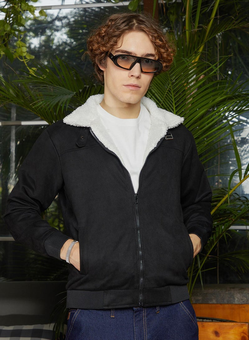 كامبوس سوترا Men's Raven Black & Chalk White Fleece-Lined Bomber Jacket  - Image 1