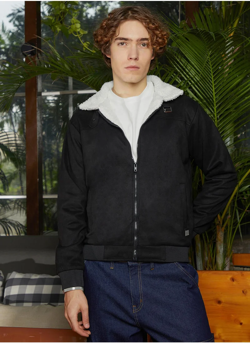 Campus Sutra Men's Raven Black & Chalk White Fleece-Lined Bomber Jacket