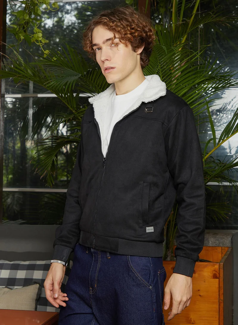 Campus Sutra Men's Raven Black & Chalk White Fleece-Lined Bomber Jacket