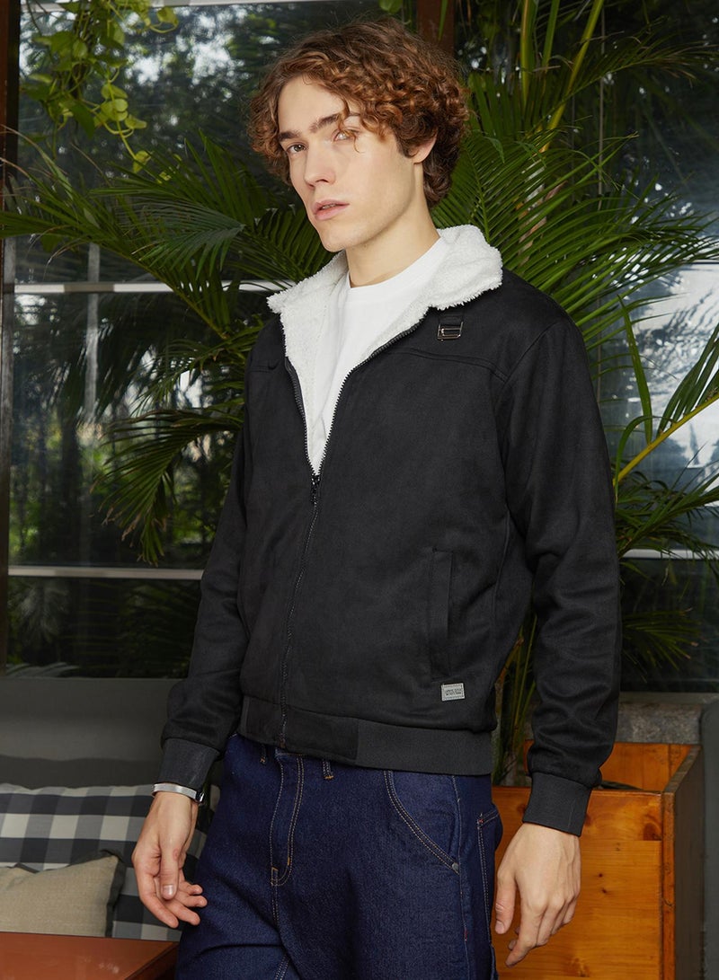 كامبوس سوترا Men's Raven Black & Chalk White Fleece-Lined Bomber Jacket  - Image 3