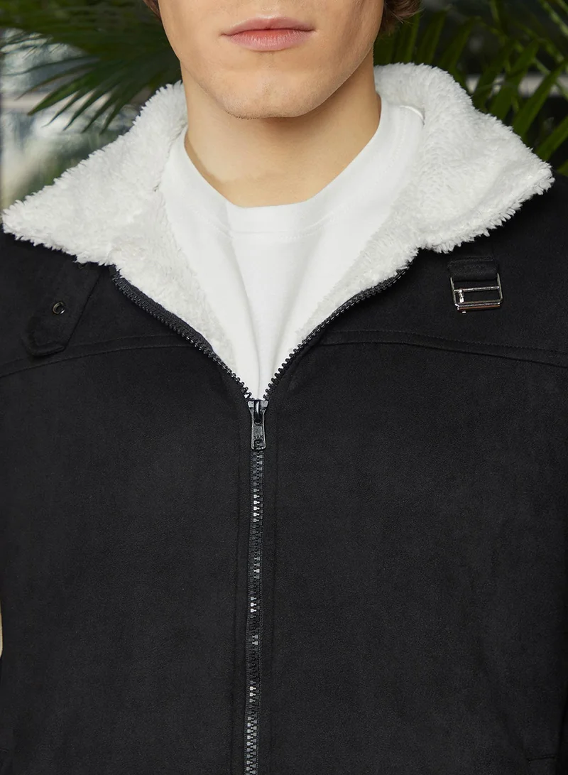 Campus Sutra Men's Raven Black & Chalk White Fleece-Lined Bomber Jacket