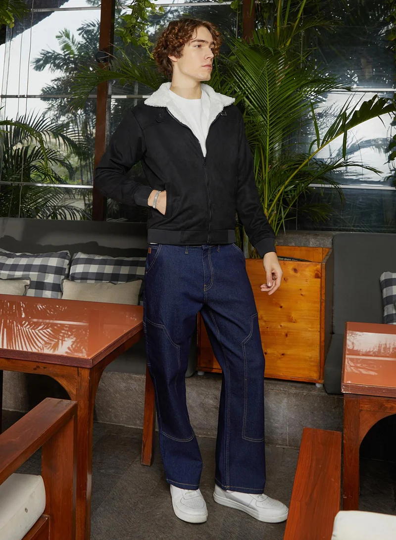 Campus Sutra Men's Raven Black & Chalk White Fleece-Lined Bomber Jacket