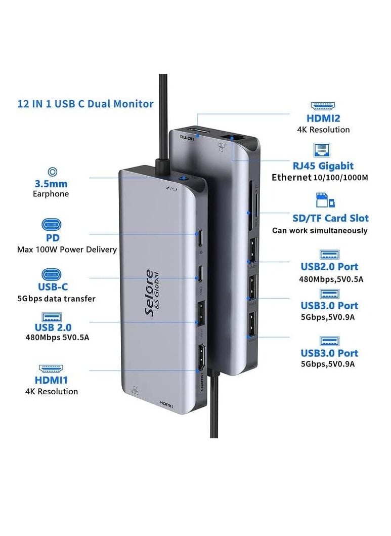 Generic 12 in 1 Dual HDMI USB C Docking Station with Dual 2x 3.0 & 2x 2.0 100W PD Data SD TF Card Reader Gigabit Ethernet 3.5mm Audio/Microphone Compatible MacBook Pro  - Image 2