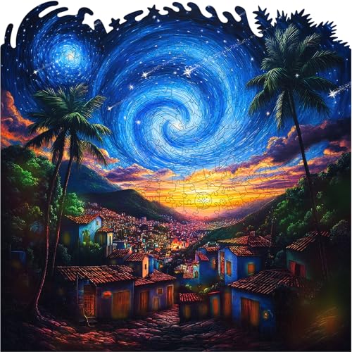 Mys Aurora 500 Pieces Puzzles for Adults Starry Night Wooden Puzzles Unique Shaped Jigsaw Puzzle Birthday Scenery Gift Challenging Family Game for Kids and Adults 159 159 Inches - Image 1