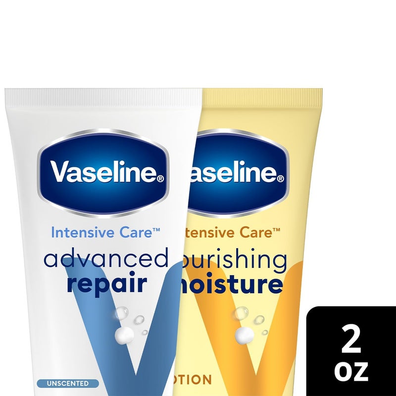 Vaseline Intensive Care Lotion Bundle â€“ Advanced Repair Unscented Lotion & Nourishing Moisture Hand & Body for Extremely Dry Skin, 2 Oz Ea (2 Piece Set) - Image 3