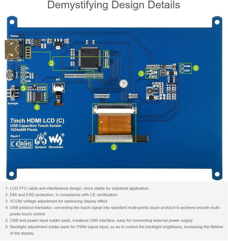 ويف شير شاشة لمس مقاس 7 بوصة IPS LCD HDMI بدقة 1024×600 لأجهزة Raspberry Pi 3/3+/4/BB Black/PC - Image 2