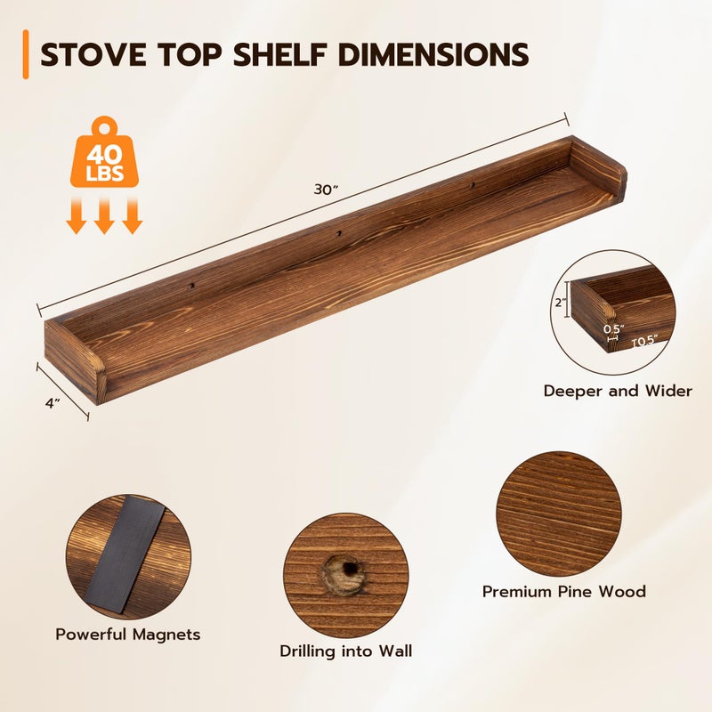 Fun Memories Stove Top Shelf, 30" Magnetic Shelf for Kitchen Stove, Pine Wood Stove Shelves, Wall Mounted Shelves for Home Storage Organization, Heat and Pressure Resistant, 1pcs, Dark Brown - Image 2
