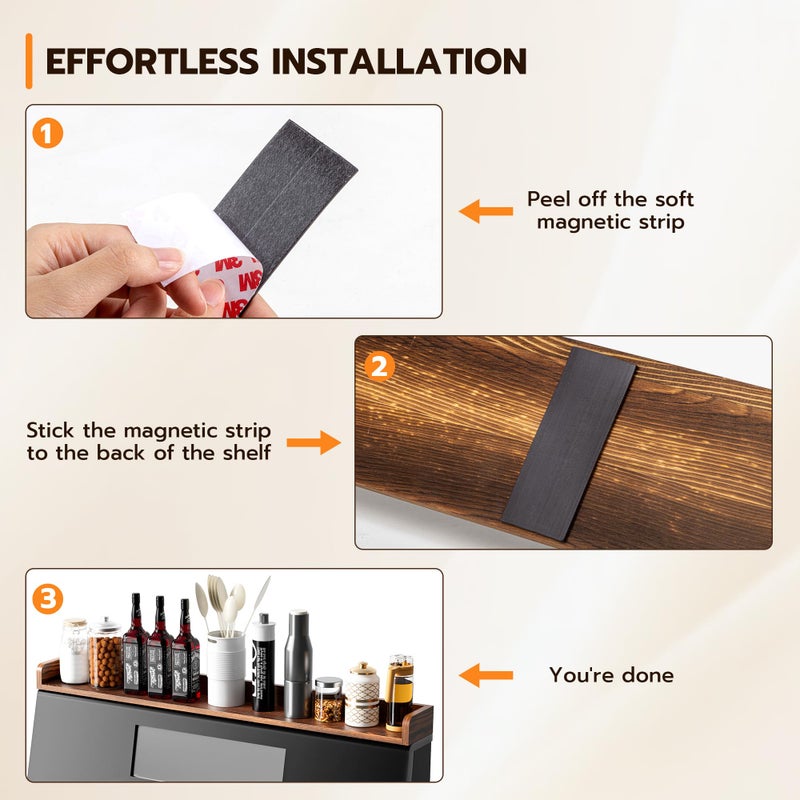 Fun Memories Stove Top Shelf, 30" Magnetic Shelf for Kitchen Stove, Pine Wood Stove Shelves, Wall Mounted Shelves for Home Storage Organization, Heat and Pressure Resistant, 1pcs, Dark Brown - Image 3