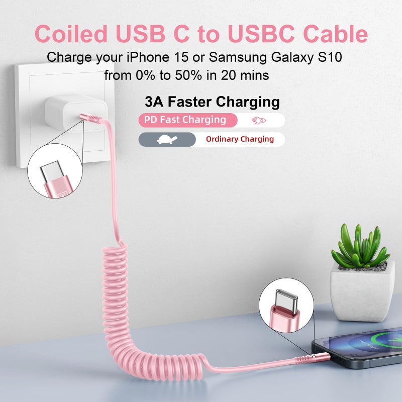 KIYODA USB C to C Cable 3FT for Car, Coiled USB C Fast Charging Cable for iPhone 17/16/15, 2Pack Type C Cord for iPhone 15/Plus/Pro/Pro Max/Samsung Galaxy S23-Pink - Image 2