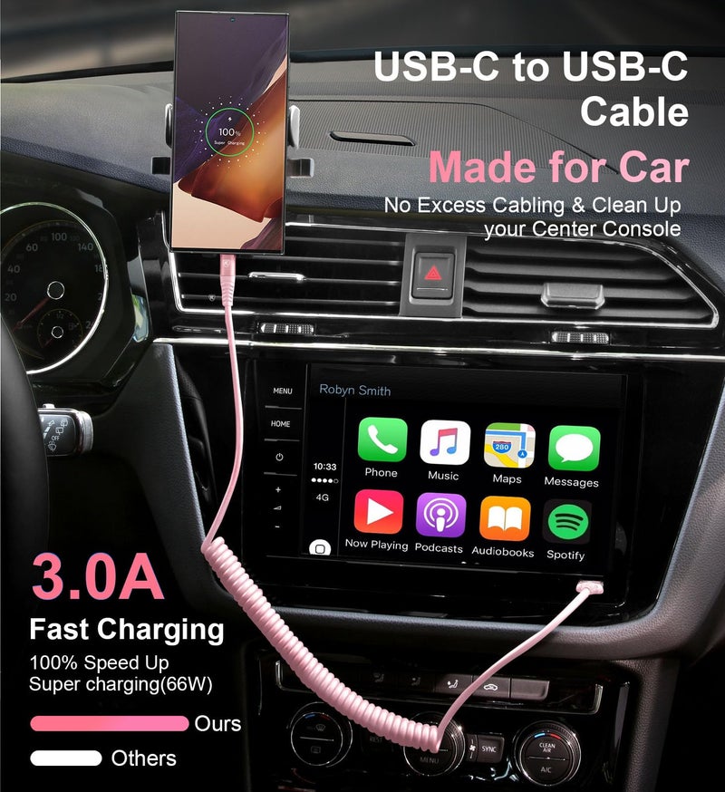 KIYODA USB C to C Cable 3FT for Car, Coiled USB C Fast Charging Cable for iPhone 17/16/15, 2Pack Type C Cord for iPhone 15/Plus/Pro/Pro Max/Samsung Galaxy S23-Pink - Image 3