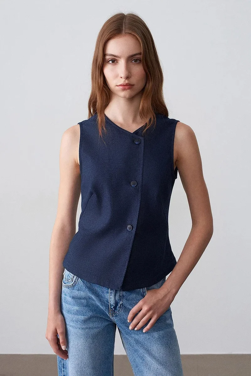 Dilvin Navy Blue DILVIN Fitted Woven Waistcoat With Button Front for Women | Best Price UAE