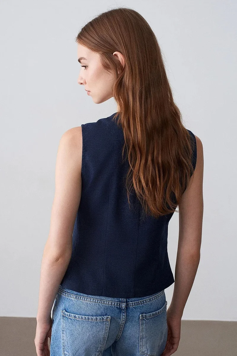 Dilvin Navy Blue DILVIN Fitted Woven Waistcoat With Button Front for Women | Best Price UAE