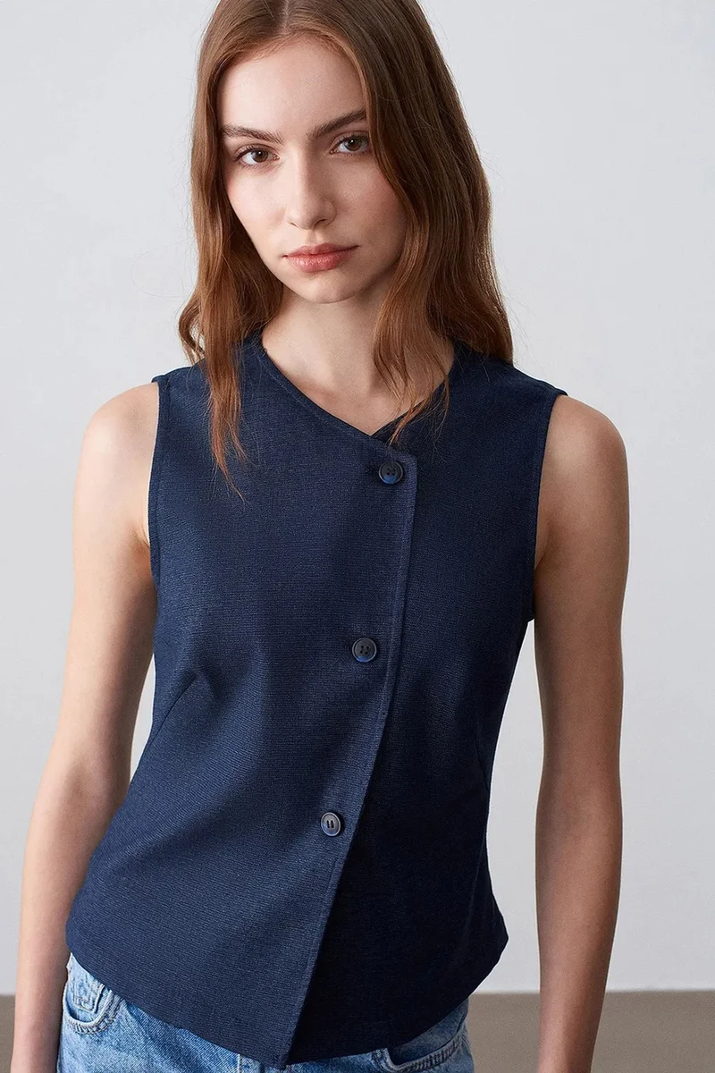 Dilvin Navy Blue DILVIN Fitted Woven Waistcoat With Button Front for Women | Best Price UAE