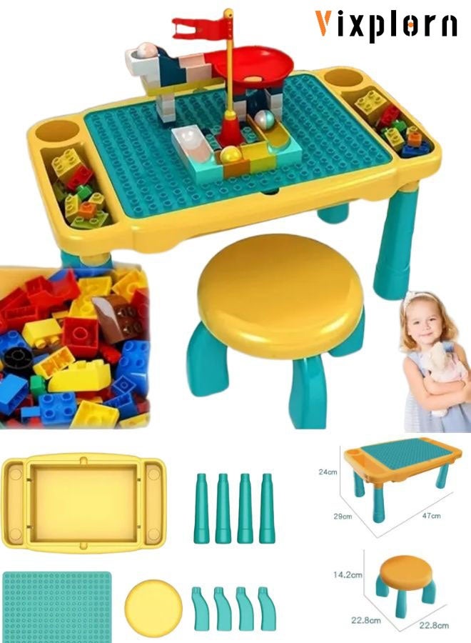 Vixplorn This 2-in-1 multi-functional building block table and chair set for children contains 63 building blocks and includes storage space for water, sand, and school supplies. It's perfect for children aged 2 and up, allowing them to play in water and sand. - Image 1