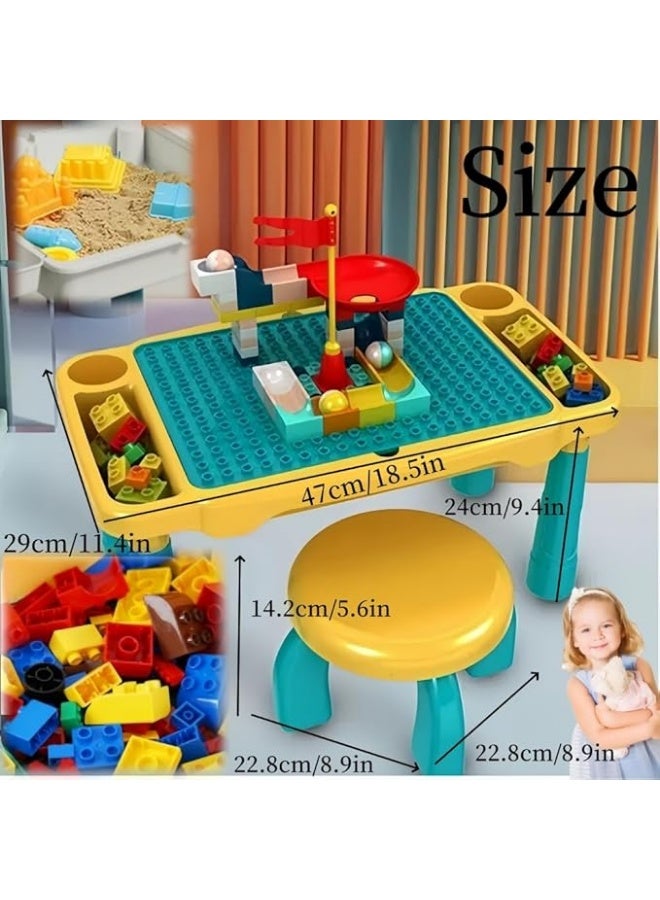 Vixplorn This 2-in-1 multi-functional building block table and chair set for children contains 63 building blocks and includes storage space for water, sand, and school supplies. It's perfect for children aged 2 and up, allowing them to play in water and sand. - Image 2