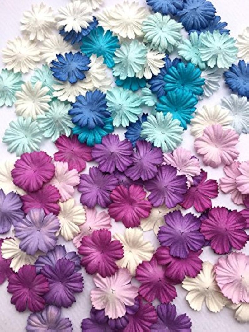 ICRAFY 100 Assorted Daisy Paper Flower Petal Die Cut Shapes  Mixed Blue Purple Tone 100 Pcs Size 1