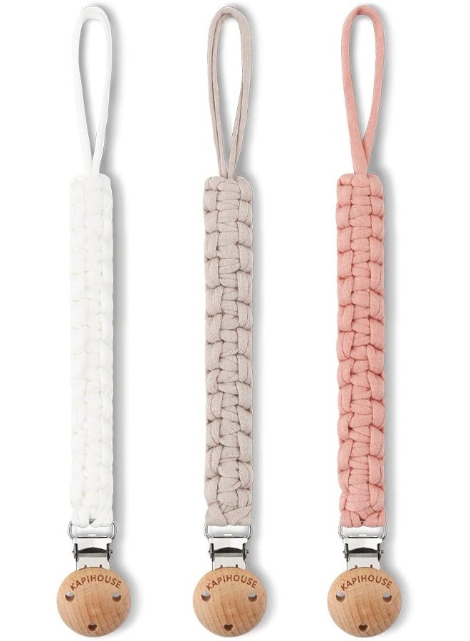 Kapihouse Pacifier Clip for Girl 9.2 Inch Pacifier Leashes Wooden Clips Teething Toy with Handmade Braided Cotton Modern Unisex Baby Shower Birthdays Christmas Set (3 Pack Girls) - Image 1