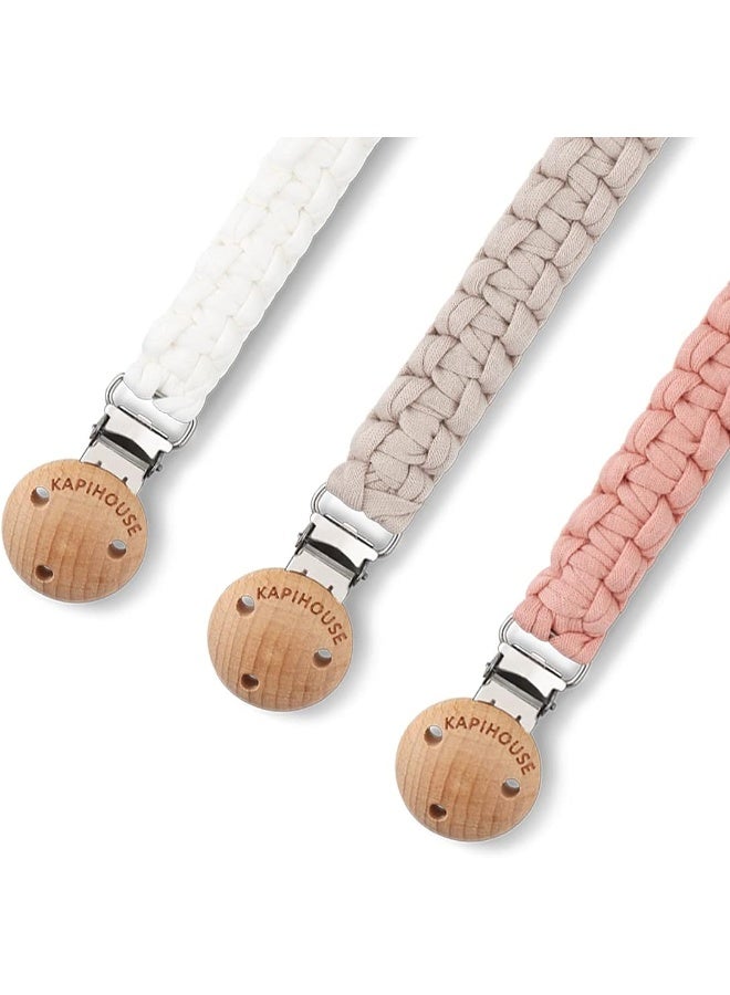Kapihouse Pacifier Clip for Girl 9.2 Inch Pacifier Leashes Wooden Clips Teething Toy with Handmade Braided Cotton Modern Unisex Baby Shower Birthdays Christmas Set (3 Pack Girls) - Image 4