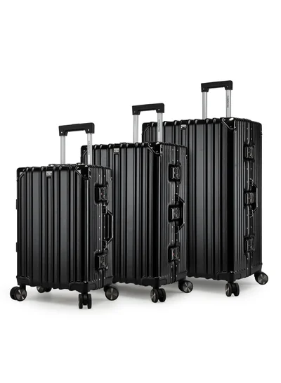 CABINPRO Lightweight Aluminum Frame Fashion Trolley Luggage Set of 3 Polycarbonate Hard Case Suitcase with 4 Quite 360° Double Spinner Wheels CP001 Black