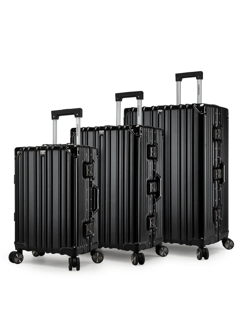CABINPRO Lightweight Aluminum Frame Fashion Trolley Luggage Set of 3 Polycarbonate Hard Case Suitcase with 4 Quite 360° Double Spinner Wheels CP001 Black