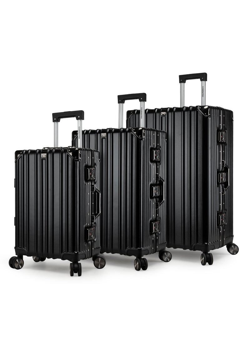 CABINPRO Lightweight Aluminum Frame Fashion Trolley Luggage Set of 3 Polycarbonate Hard Case Suitcase with 4 Quite 360° Double Spinner Wheels CP001 Black  - Image 1