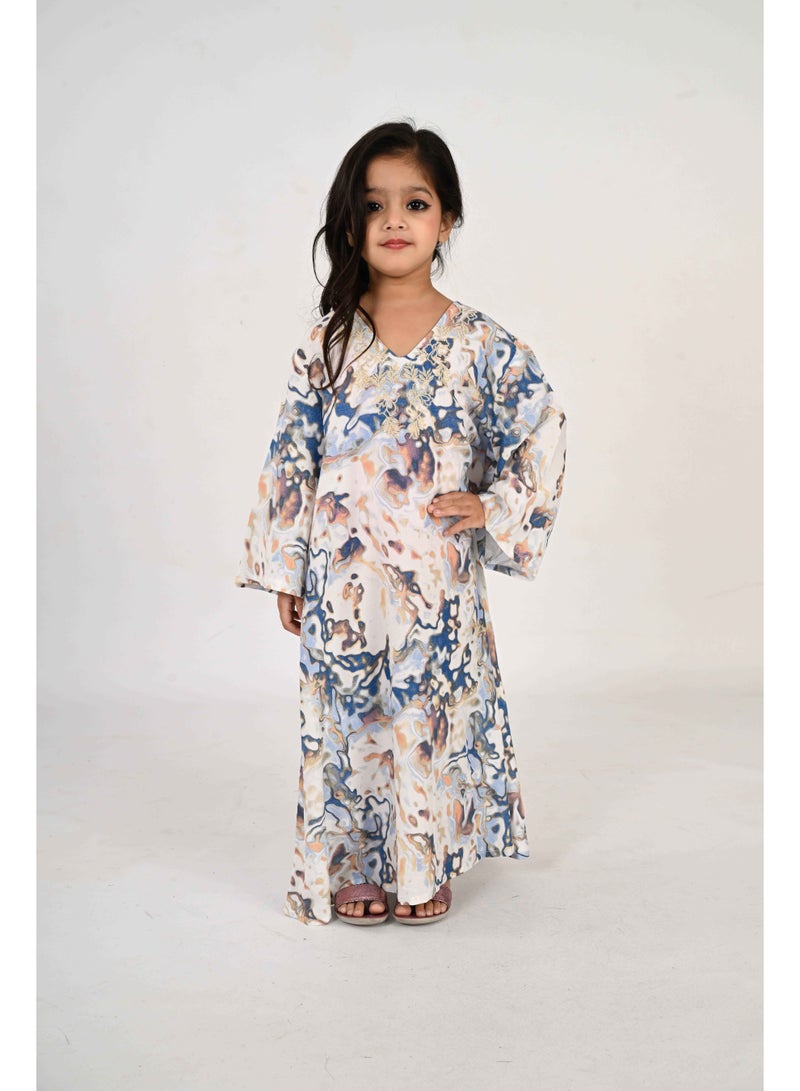Linelle Kids Jalabiya – Blue and White Abstract Print and Embroidery Detailing - Image 3