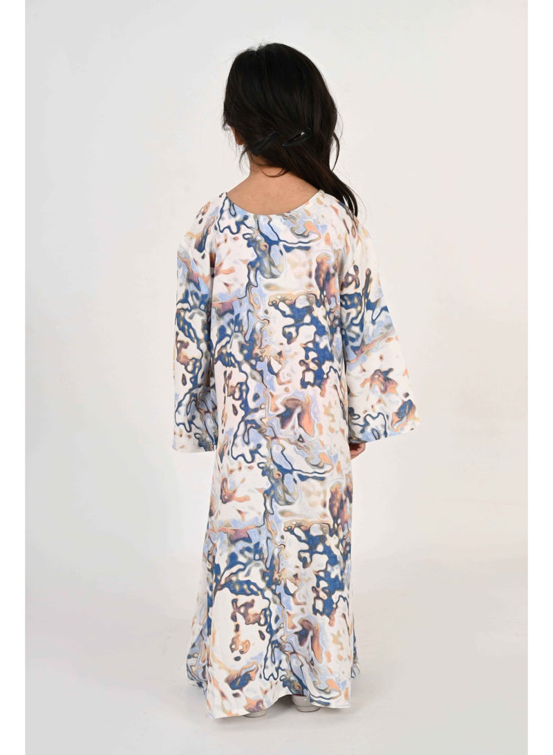Linelle Kids Jalabiya – Blue and White Abstract Print and Embroidery Detailing - Image 5