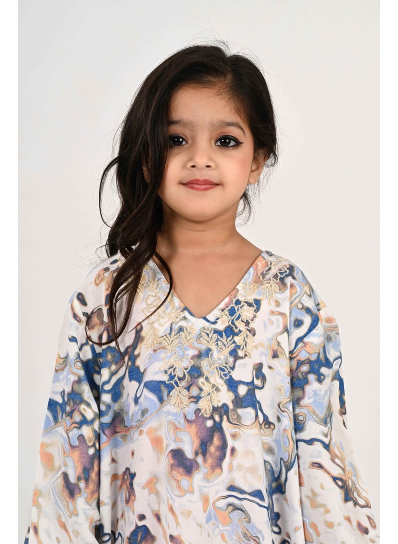 Linelle Kids Jalabiya – Blue and White Abstract Print and Embroidery Detailing - Image 1