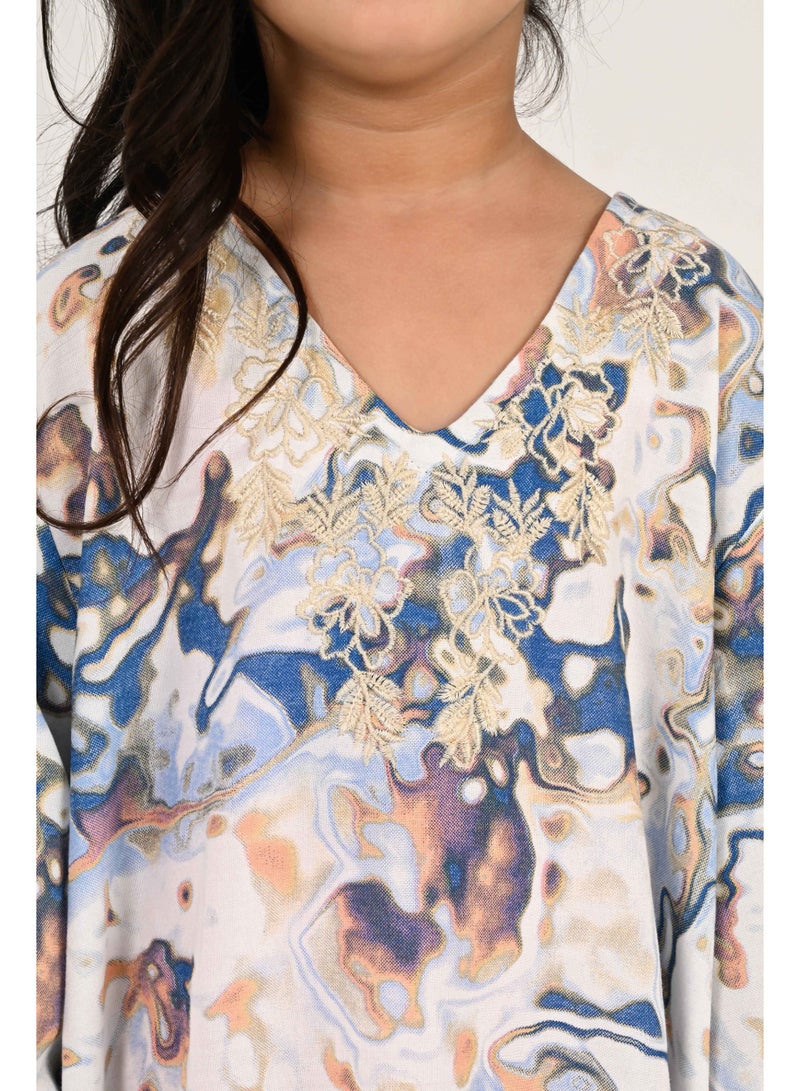 Linelle Kids Jalabiya – Blue and White Abstract Print and Embroidery Detailing - Image 2