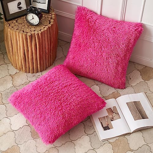 ANRODUO Pack of 2 Hot Pink Throw Pillow Covers Luxury Fluffy Pillows Faux Fur Decorative Pillows Plush Cushion Case Fuzzy Mongolian Merin Style for Bed Couch Sofa Living Room Summer Decor 18x18 Inch - Image 3