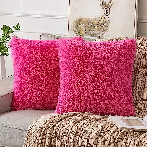ANRODUO Pack of 2 Hot Pink Throw Pillow Covers Luxury Fluffy Pillows Faux Fur Decorative Pillows Plush Cushion Case Fuzzy Mongolian Merin Style for Bed Couch Sofa Living Room Summer Decor 18x18 Inch - Image 1