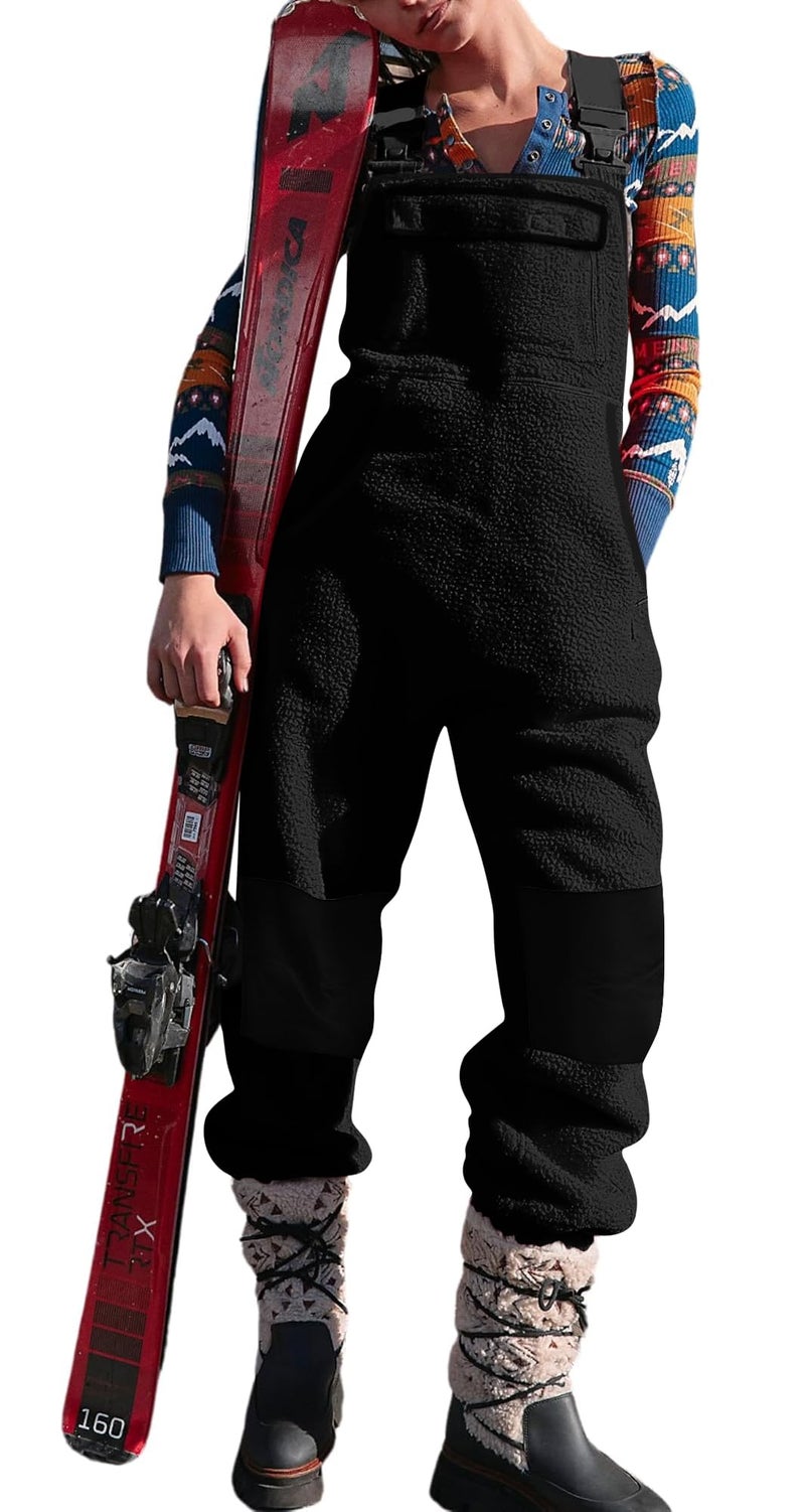 Yousify Womens Fleece Overalls 2024 Winter Loose Jumpsuits Sherpa Bib Fuzzy Overall Ski Pants with Pockets Black M - Image 2