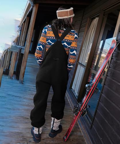 Yousify Womens Fleece Overalls 2024 Winter Loose Jumpsuits Sherpa Bib Fuzzy Overall Ski Pants with Pockets Black M - Image 3