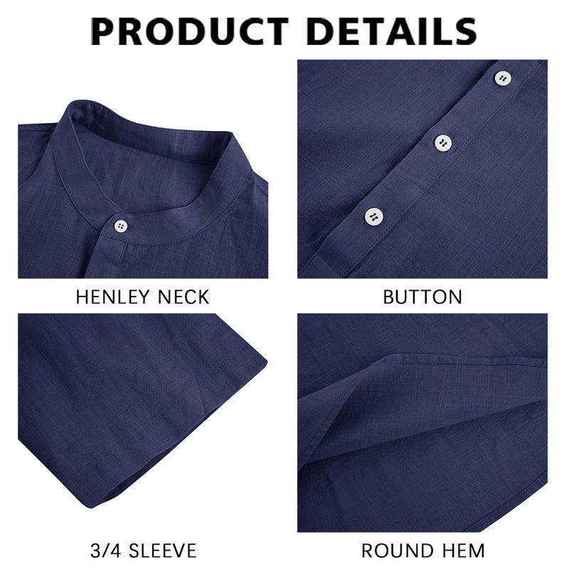 Ryannology Mens Linen Shirts Henley 3/4 Sleeve Casual Cotton T-Shirt Regular-Fit Lightweight Beach Yoga Tunic Tops - Image 2
