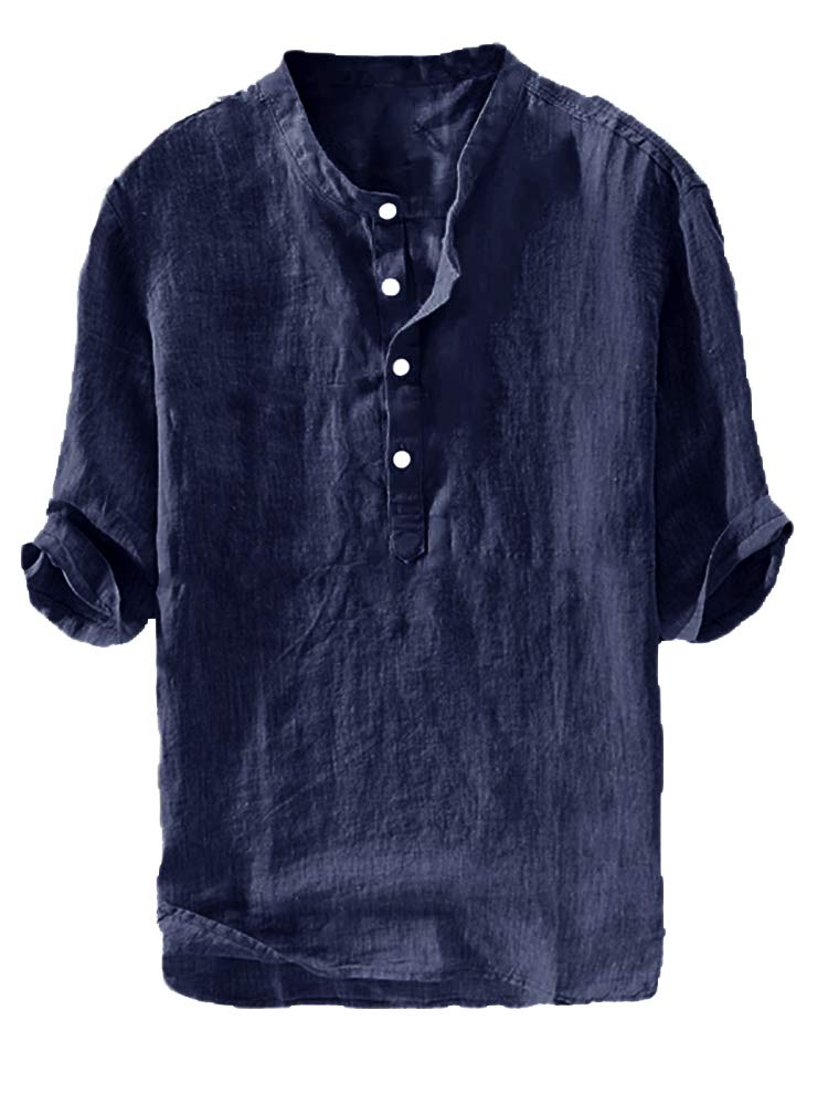 Ryannology Mens Linen Shirts Henley 3/4 Sleeve Casual Cotton T-Shirt Regular-Fit Lightweight Beach Yoga Tunic Tops - Image 1