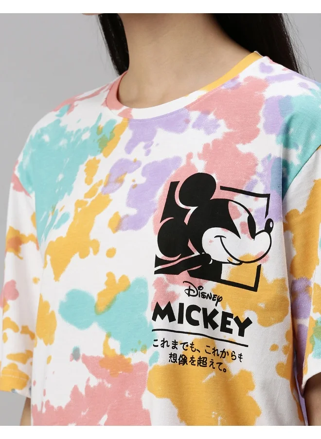 Veirdo Veirdo® Multicolour Pure Cotton Official Disney Merchandise Srop Shoulder Tie-Dye Oversized Baggy Fit with Mickey Mouse Print Round Neck Half Sleeve T-Shirt for Men & Boys (Sizes: S to 2XL)