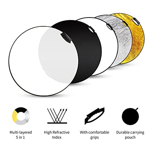 Selens Portable 5-in-1 24 Inch (60cm) Handle Round Reflector Collapsible Multi Disc with Carrying Case for Photography Photo Studio Lighting & Outdoor Lighting, Photography Multi-Disc Photo Reflector - Image 2