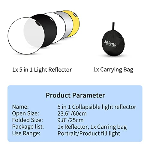 Selens Portable 5-in-1 24 Inch (60cm) Handle Round Reflector Collapsible Multi Disc with Carrying Case for Photography Photo Studio Lighting & Outdoor Lighting, Photography Multi-Disc Photo Reflector - Image 5
