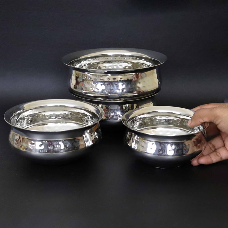 Spillbox Stainless Steel Kitchen Utensils Cooking Serving Tope Set|Handi Set|Urli |Serveware|Tope|Patila|Tope Set|Cookware Bowl- Hammered Briyani Handi (Combo of 4) - Image 2