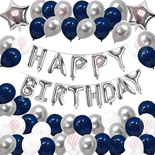 HK balloons Pack of 67 Pcs Silver Happy Birthday foil Balloons Decoration Kit Set for birthday Balloons Decorations with star Foil Balloons and balloon pump - Image 1